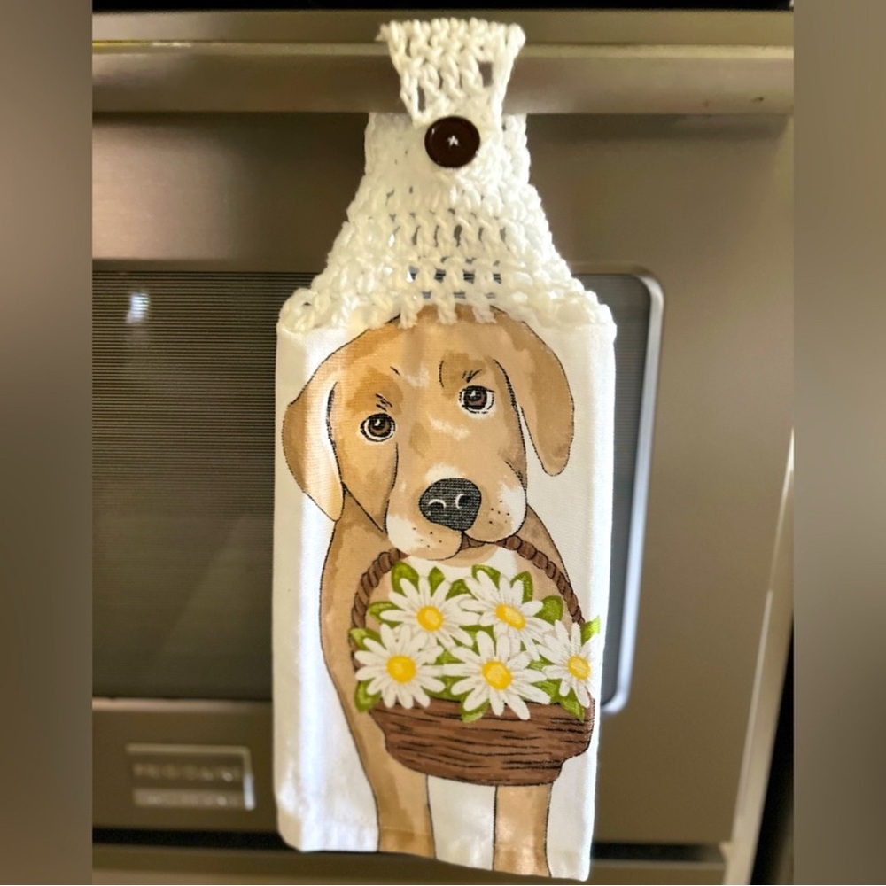 Hand Crafted Hanging Kitchen Hand Towel Dog and Flowers Colorful Crochet Top - Picture 5 of 7